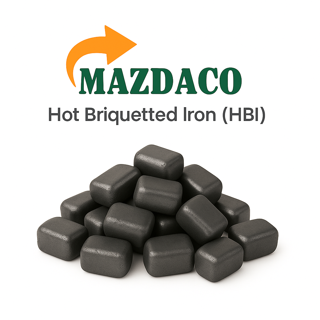 High-quality Hot Briquetted Iron (HBI) – compact DRI form supplied by Mazdaco for global steelmaking and export.